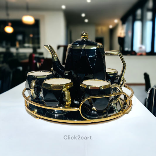 Black & Gold Tea Set With Glass Tray