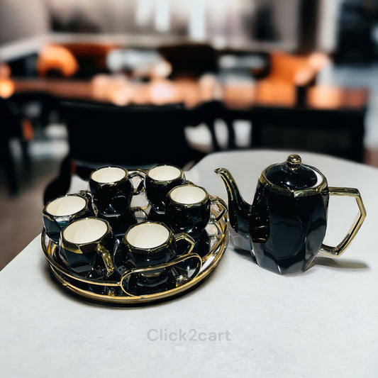 Black & Gold Tea Set With Glass Tray