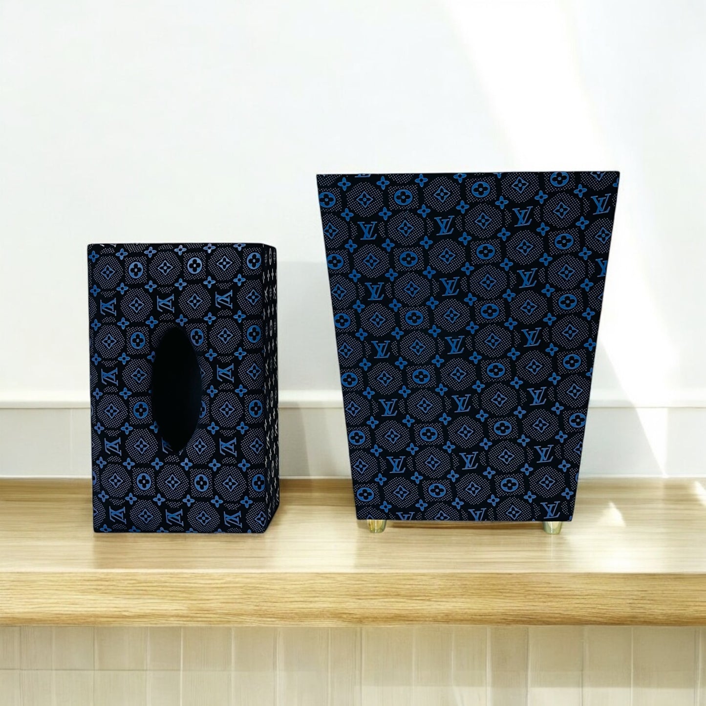 Wooden Tissue Box & Dustbin Set