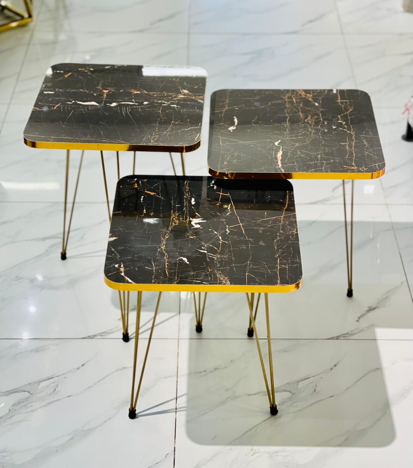 3 Pcs Nesting Table Set Square [Black And Golden]