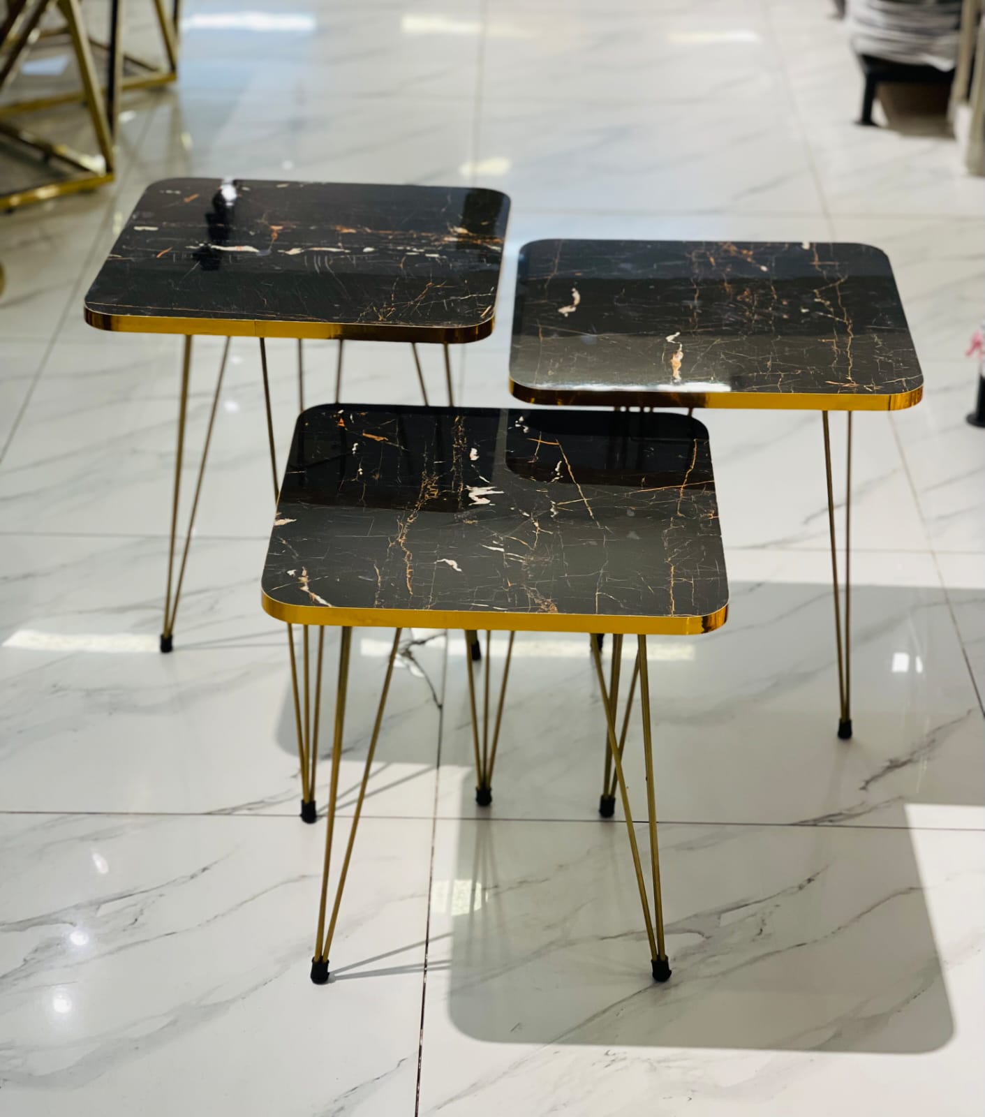 3 Pcs Nesting Table Set Square [Black And Golden]