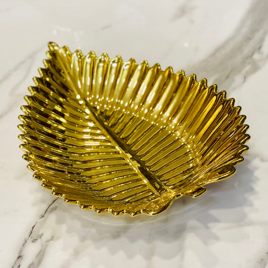 Golden Ceramic Leaf Tray