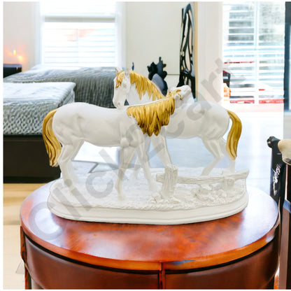 Resin White Gold Horse Pair Statue Showpiece