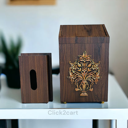 Wooden Dustbin & Tissue Box Set