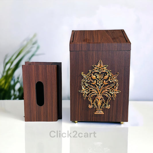 Wooden Dustbin & Tissue Box Set