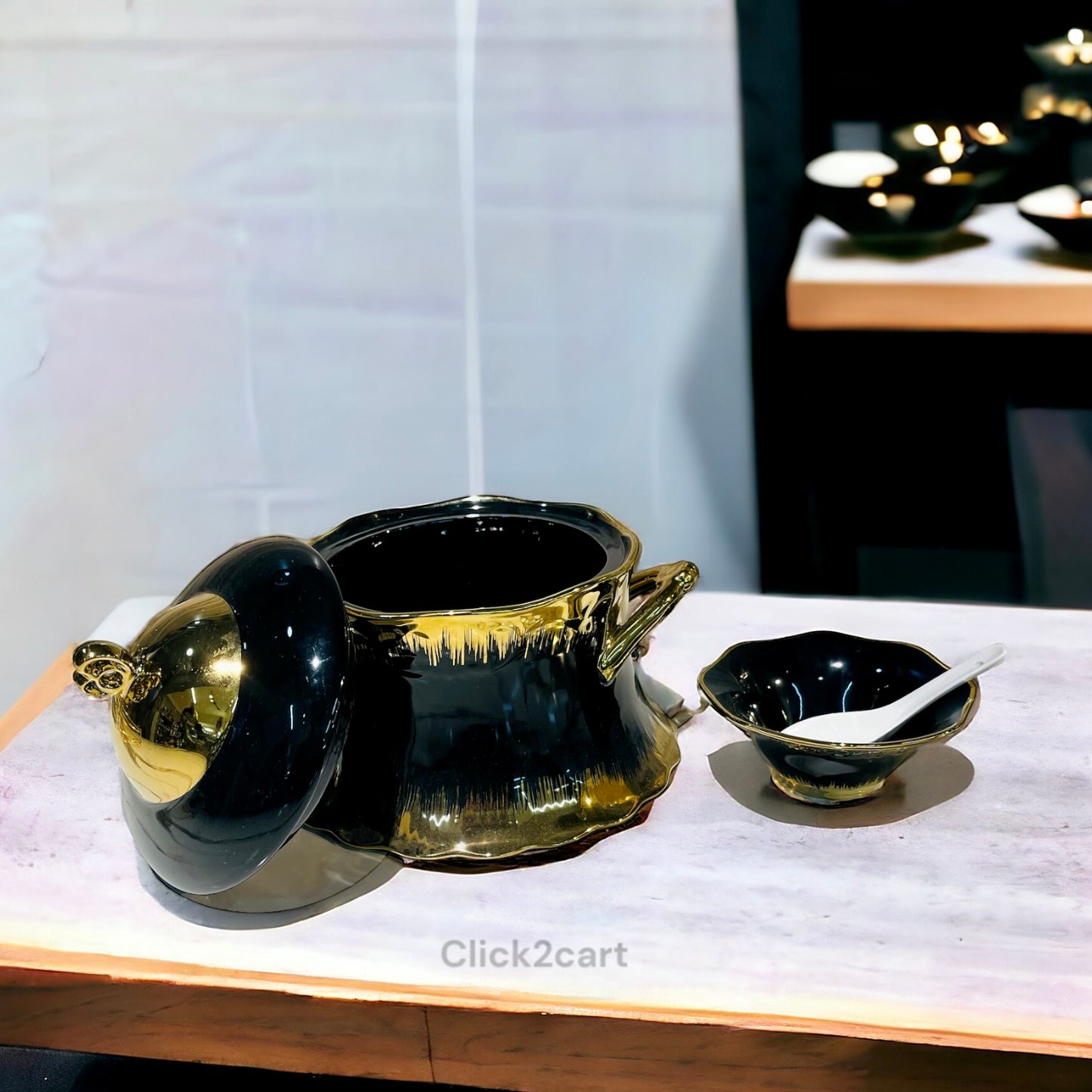 Black & Gold 6 Person Serving Soup Set