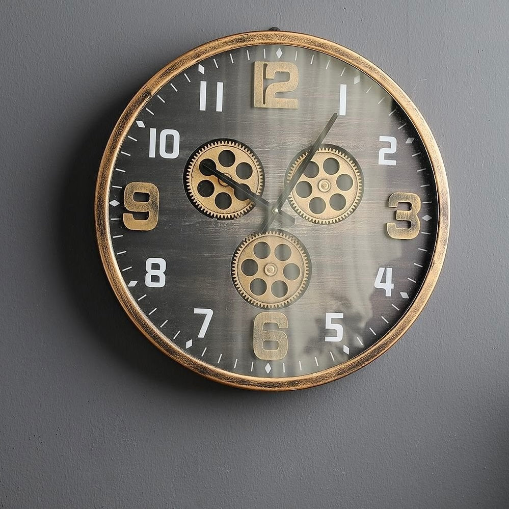 Jacob Round Moving Cogs Wall Clock Copper Black Wash