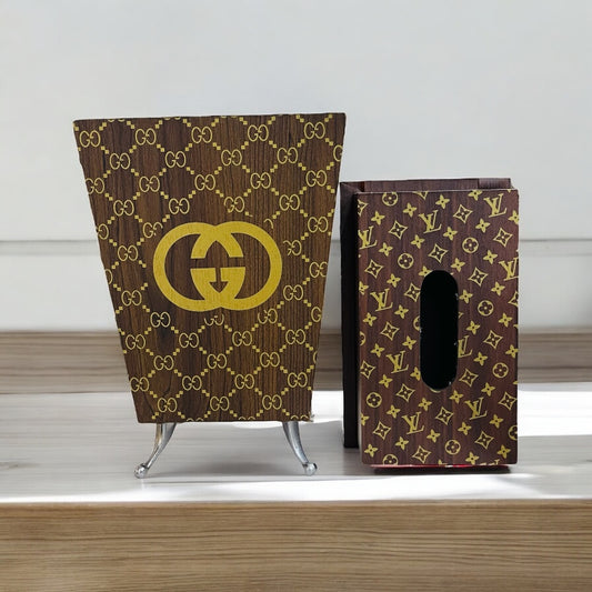 Wooden Tissue Box & Dustbin Set