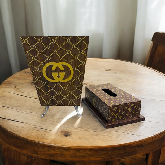 Wooden Tissue Box & Dustbin Set