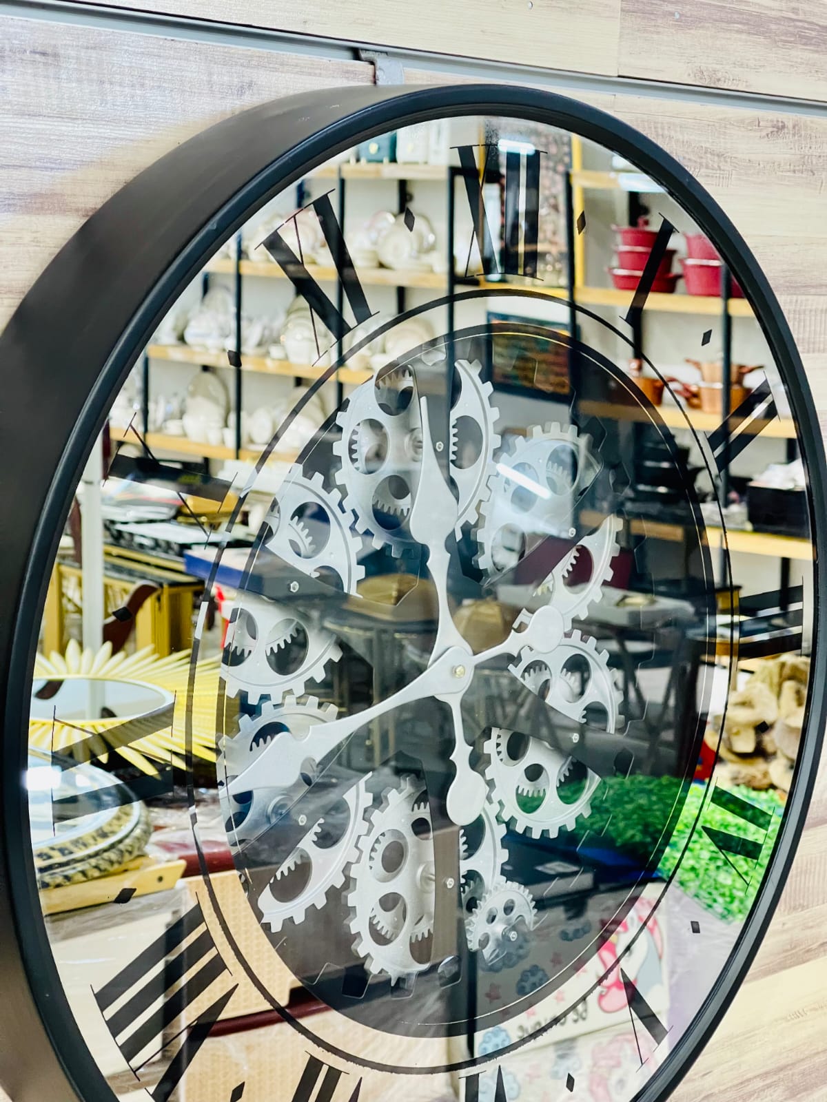 Moving Gears Wall Clock with Black Frame and Mirrored Face