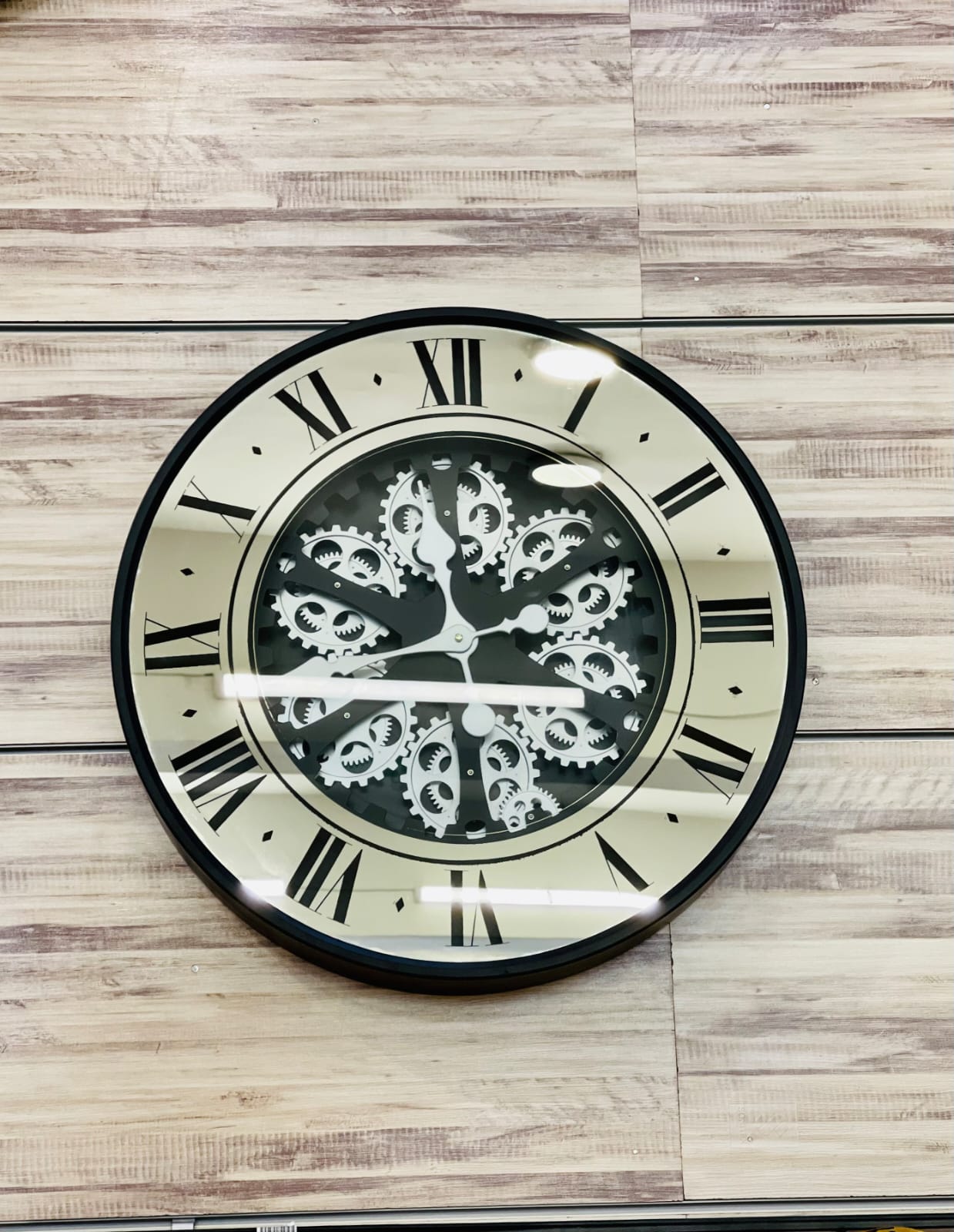 Moving Gears Wall Clock with Black Frame and Mirrored Face