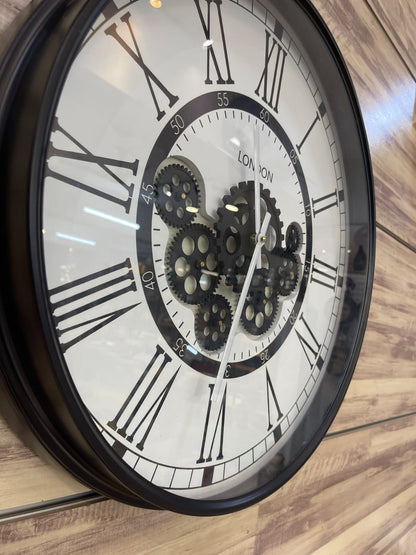 London Modern Moving Cogs Clock Black & White