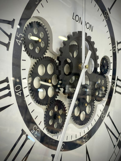 London Modern Moving Cogs Clock Black & White