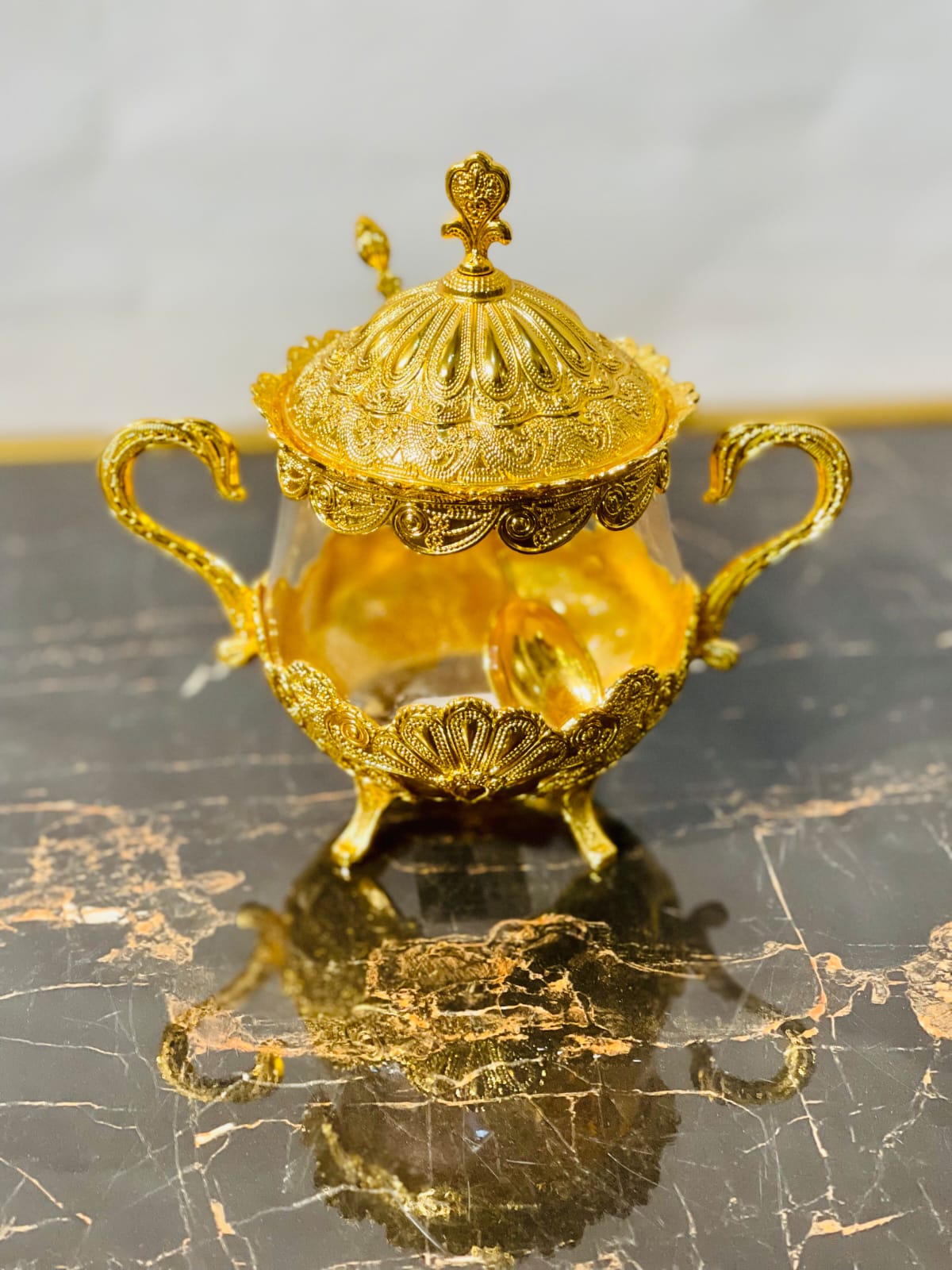 Elegant Gold Sugar Pot with Spoon