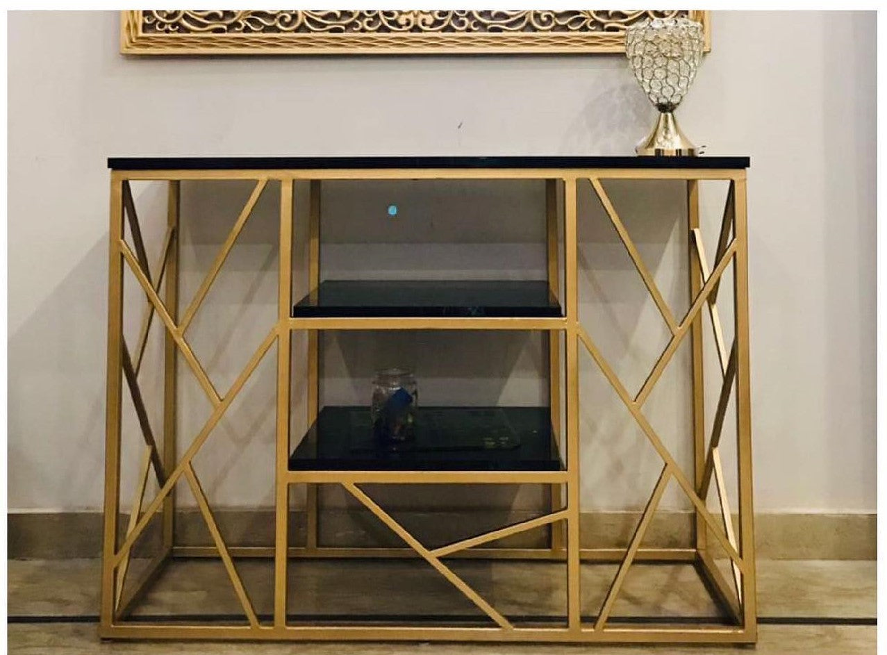 3-Tier Zig Zag Gold Console Table With UV Sheet