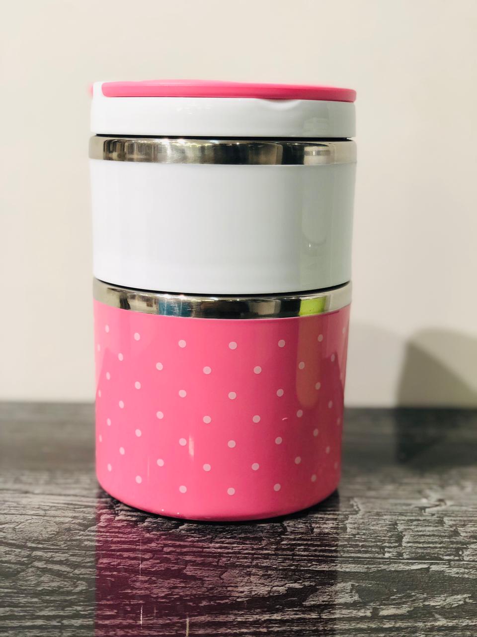 Stainless Steel 2 Layer Lunch Box Polkadot Handle Grip