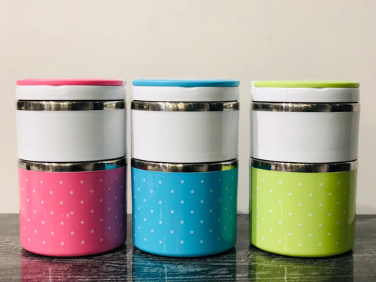 Stainless Steel 2 Layer Lunch Box Polkadot Handle Grip